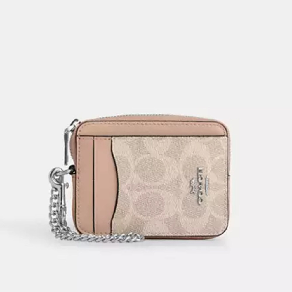 Coach Signature Zip Card Case in Taupe and Beige